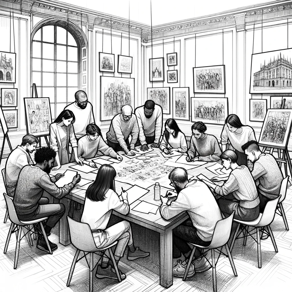 Group of people collaborating on a large table in an old gallery